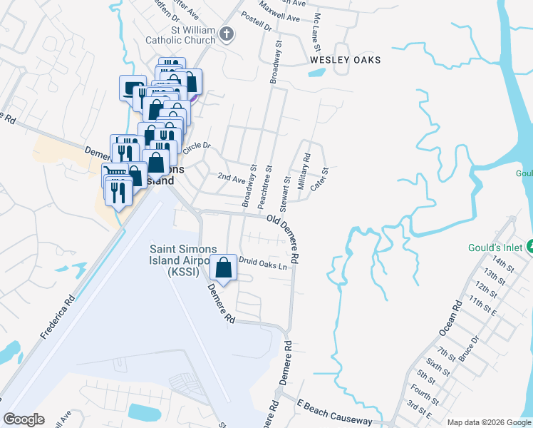 map of restaurants, bars, coffee shops, grocery stores, and more near 101 Peachtree Street in St. Simons Island