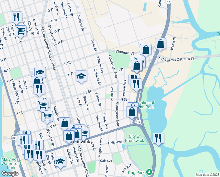 map of restaurants, bars, coffee shops, grocery stores, and more near 1828 Niles Avenue in Brunswick