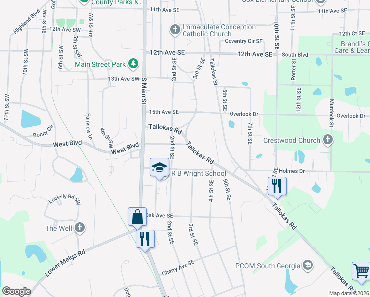 map of restaurants, bars, coffee shops, grocery stores, and more near 216 17th Avenue Southeast in Moultrie