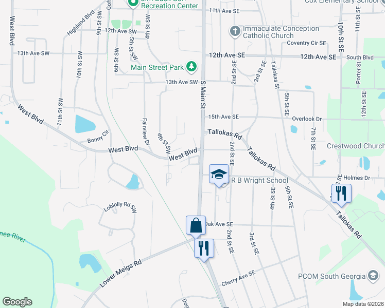 map of restaurants, bars, coffee shops, grocery stores, and more near 33 West Boulevard in Moultrie