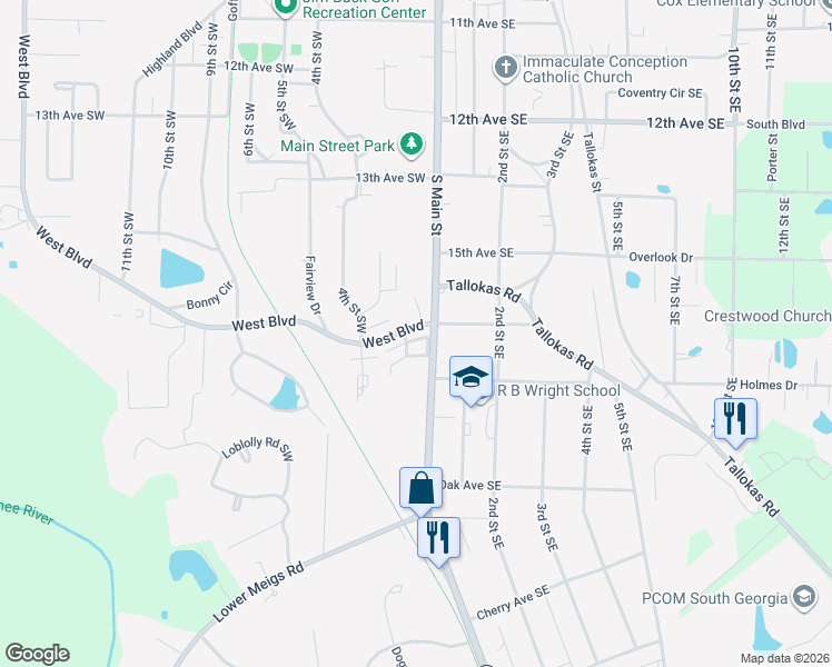 map of restaurants, bars, coffee shops, grocery stores, and more near 33 West Boulevard in Moultrie