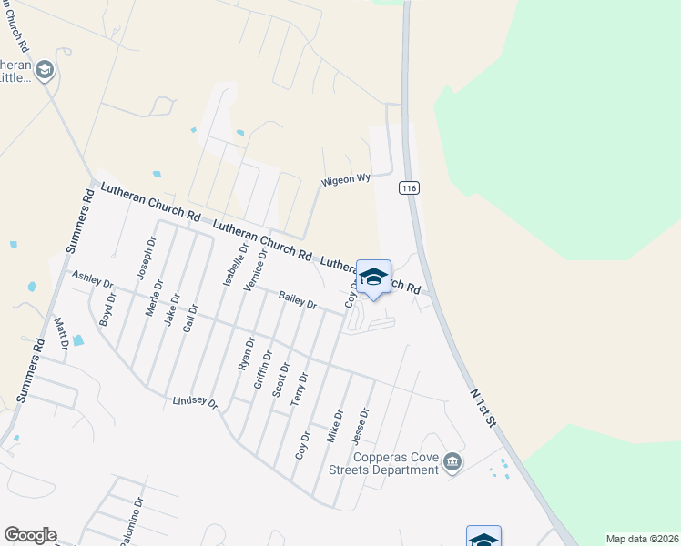 map of restaurants, bars, coffee shops, grocery stores, and more near 463 Lutheran Church Road in Copperas Cove