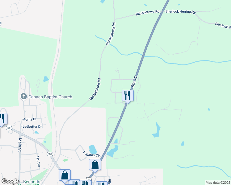 map of restaurants, bars, coffee shops, grocery stores, and more near 22 Ridgeview Drive in Purvis