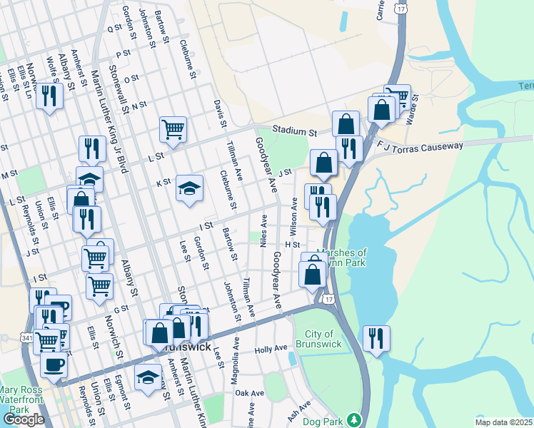 map of restaurants, bars, coffee shops, grocery stores, and more near 1828 Niles Ave in Brunswick