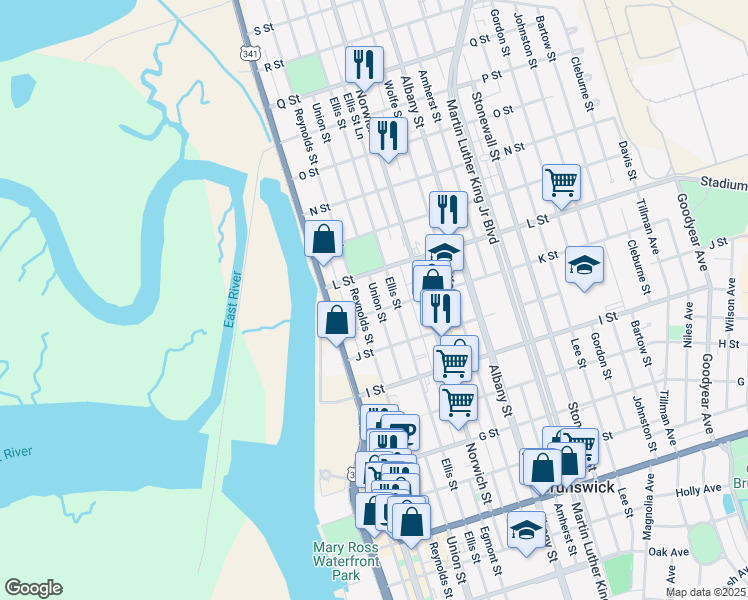 map of restaurants, bars, coffee shops, grocery stores, and more near 2109 Union Street in Brunswick