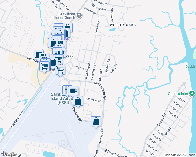 map of restaurants, bars, coffee shops, grocery stores, and more near 103 Stewart Street in St. Simons Island