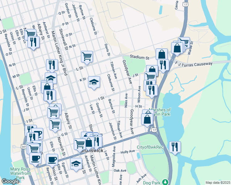 map of restaurants, bars, coffee shops, grocery stores, and more near 2103 I Street in Brunswick