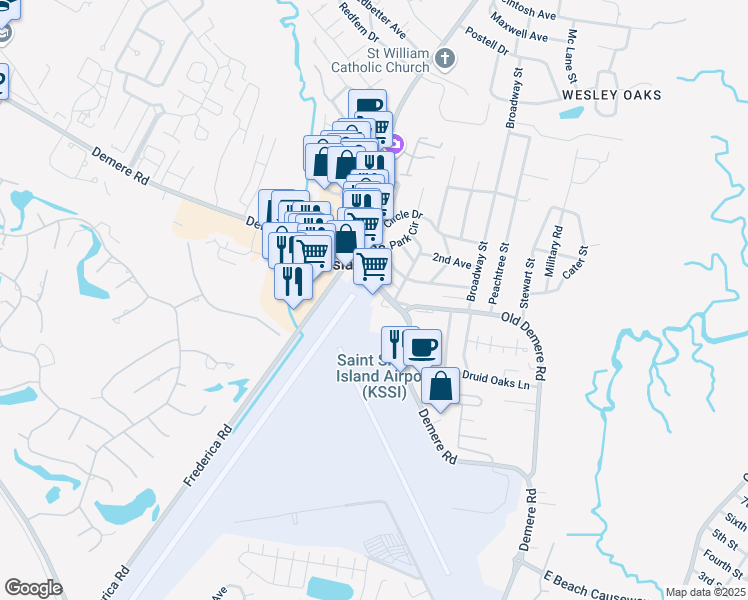 map of restaurants, bars, coffee shops, grocery stores, and more near 1947 Demere Road in St. Simons Island