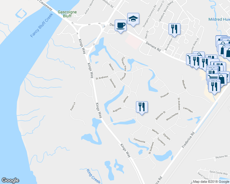 map of restaurants, bars, coffee shops, grocery stores, and more near 113 Seminole in St. Simons Island