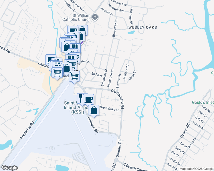 map of restaurants, bars, coffee shops, grocery stores, and more near 101 Peachtree Street in St. Simons Island