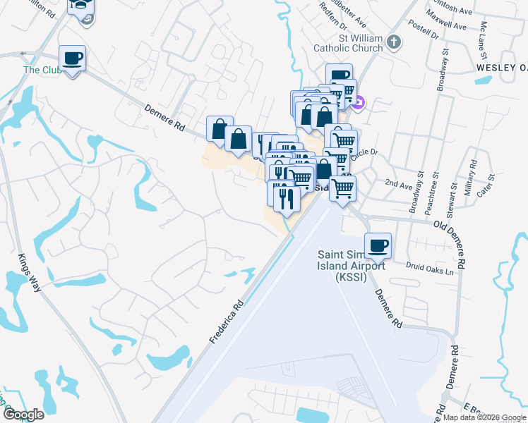 map of restaurants, bars, coffee shops, grocery stores, and more near 144 South Island Square Dr in St. Simons Island
