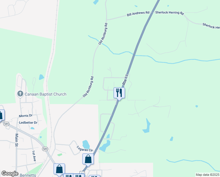 map of restaurants, bars, coffee shops, grocery stores, and more near 22-98 Ridgeview Drive in Purvis