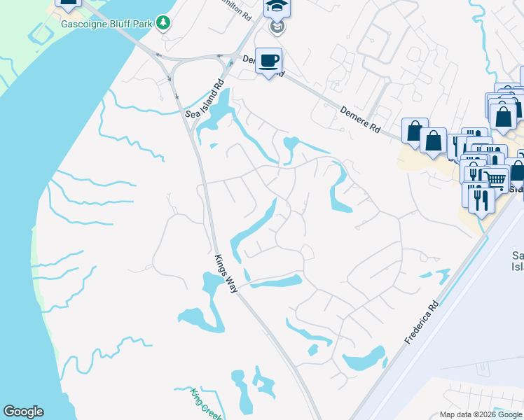 map of restaurants, bars, coffee shops, grocery stores, and more near 113 Seminole in St. Simons Island