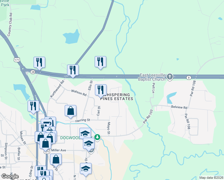 map of restaurants, bars, coffee shops, grocery stores, and more near 117 Whispering Pines Loop in Leesville