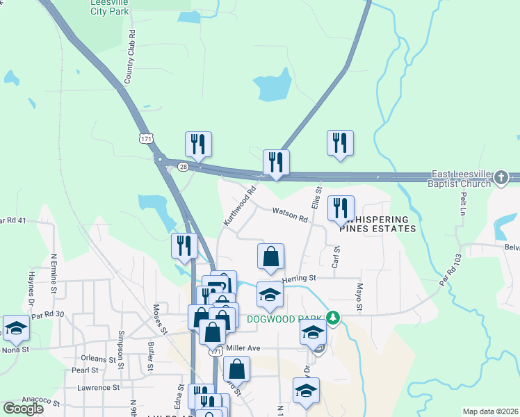 map of restaurants, bars, coffee shops, grocery stores, and more near 202 Watson Road in Leesville