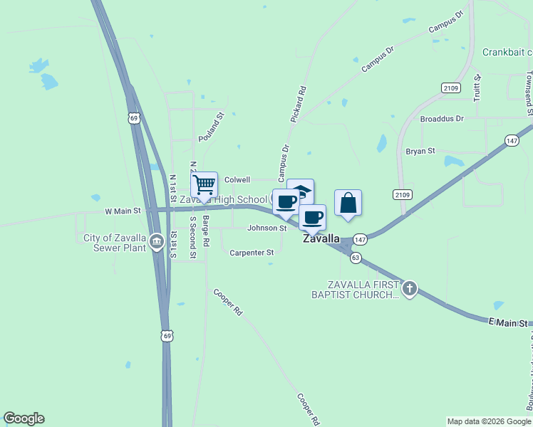 map of restaurants, bars, coffee shops, grocery stores, and more near 431 East Main Street in Zavalla