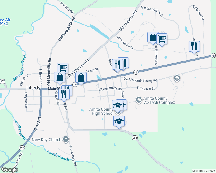 map of restaurants, bars, coffee shops, grocery stores, and more near 710-750 Liberty White Road in Liberty