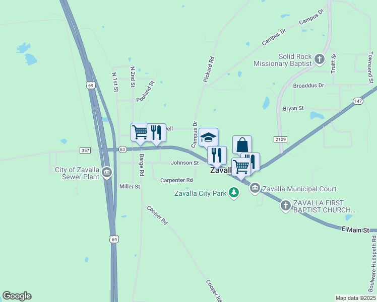 map of restaurants, bars, coffee shops, grocery stores, and more near 431 East Main Street in Zavalla