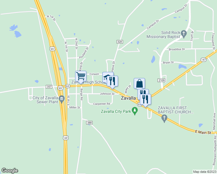 map of restaurants, bars, coffee shops, grocery stores, and more near 431 East Main Street in Zavalla