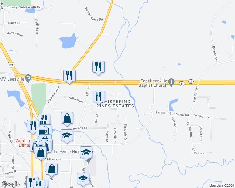 map of restaurants, bars, coffee shops, grocery stores, and more near 151 Powell Drive in Leesville