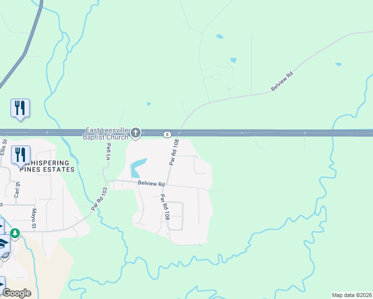map of restaurants, bars, coffee shops, grocery stores, and more near 135 Brewster Hollow Road in Leesville