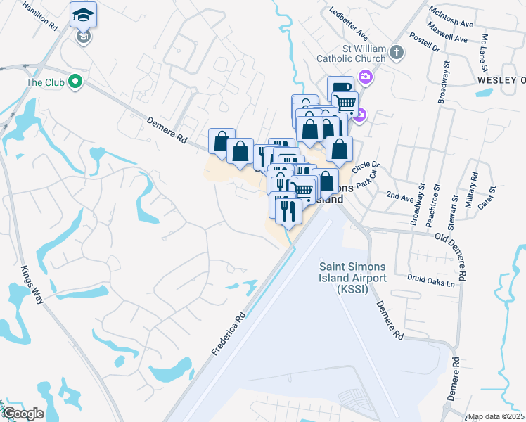 map of restaurants, bars, coffee shops, grocery stores, and more near 144 South Island Square Dr in St. Simons Island