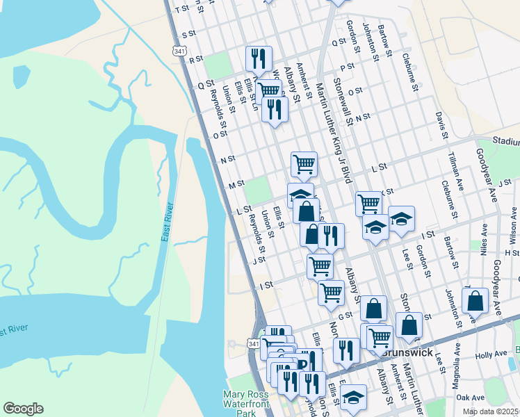map of restaurants, bars, coffee shops, grocery stores, and more near 2109 Union Street in Brunswick