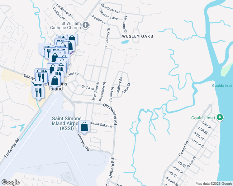 map of restaurants, bars, coffee shops, grocery stores, and more near 108 Armstrong Street in St. Simons Island