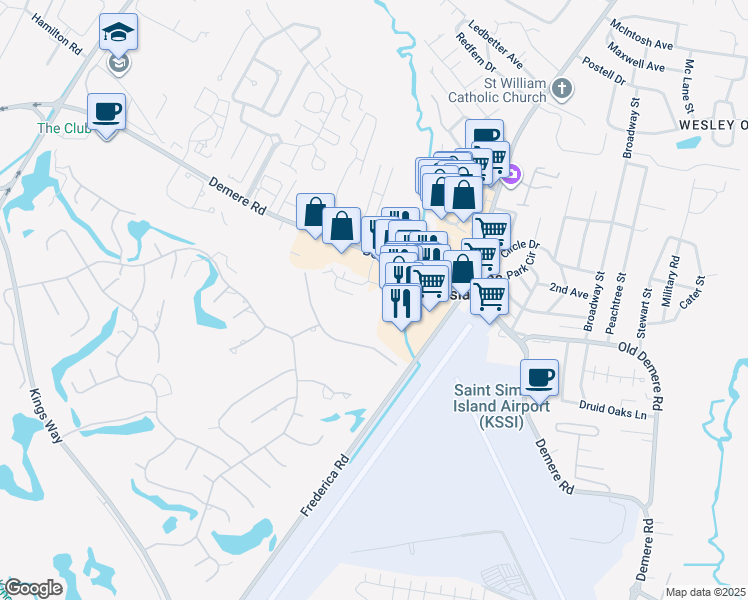 map of restaurants, bars, coffee shops, grocery stores, and more near 2501 Old Demere Road in St. Simons Island
