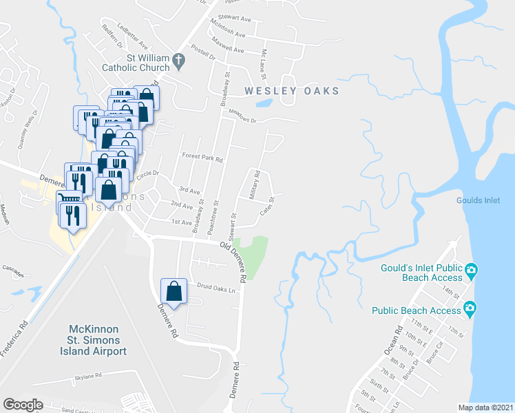 map of restaurants, bars, coffee shops, grocery stores, and more near 108 Armstrong Street in St. Simons Island