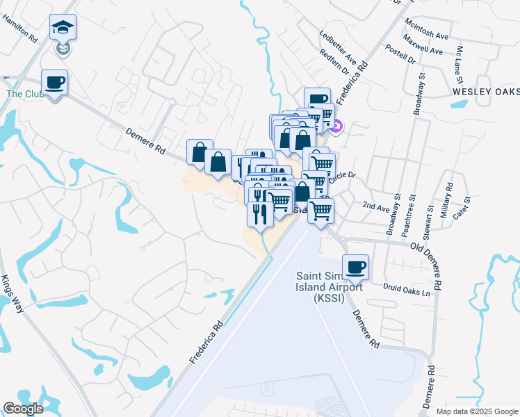 map of restaurants, bars, coffee shops, grocery stores, and more near 242 Retreat Village in St. Simons Island