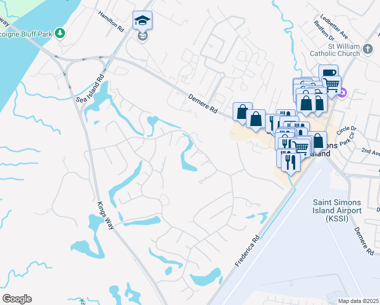 map of restaurants, bars, coffee shops, grocery stores, and more near 100 Gleneagles in St. Simons Island