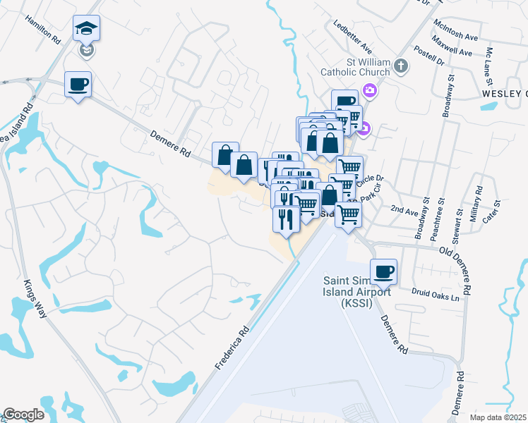 map of restaurants, bars, coffee shops, grocery stores, and more near 2501 Old Demere Road in St. Simons Island