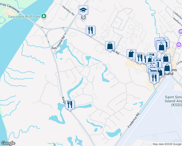 map of restaurants, bars, coffee shops, grocery stores, and more near 105 Meadow Brook in St. Simons Island