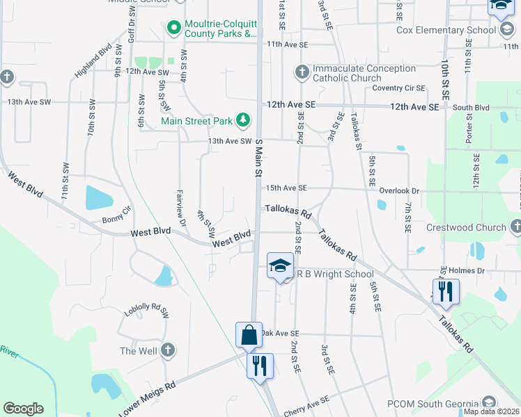 map of restaurants, bars, coffee shops, grocery stores, and more near 5 Tallokas Road in Moultrie