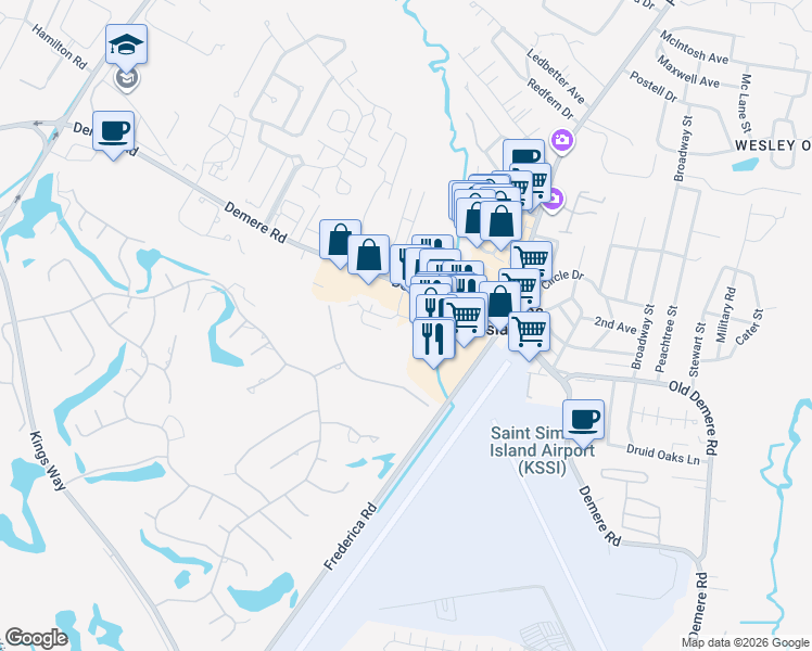 map of restaurants, bars, coffee shops, grocery stores, and more near 2501 Old Demere Road in St. Simons Island