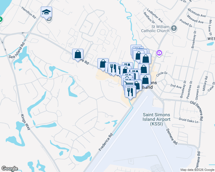 map of restaurants, bars, coffee shops, grocery stores, and more near 2511 Demere Road in St. Simons Island