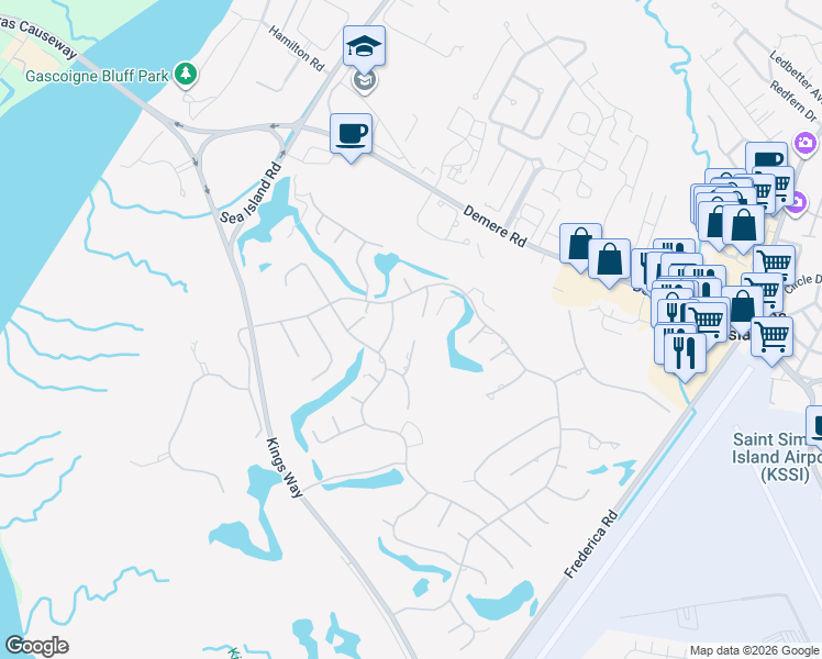 map of restaurants, bars, coffee shops, grocery stores, and more near 105 Meadow Brook in St. Simons Island