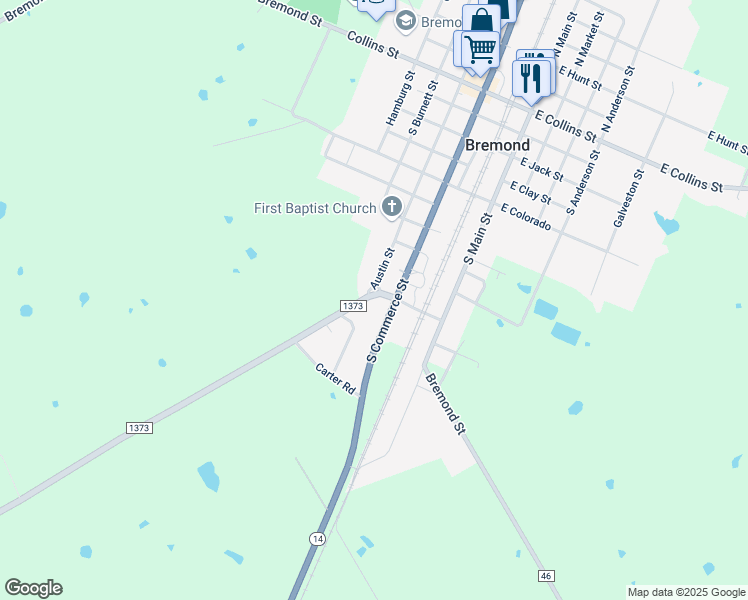 map of restaurants, bars, coffee shops, grocery stores, and more near 14476 Farm to Market Road 1373 in Bremond