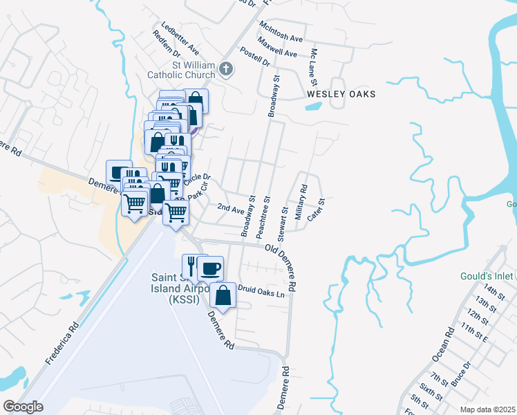 map of restaurants, bars, coffee shops, grocery stores, and more near 215 Peachtree Street in St. Simons Island