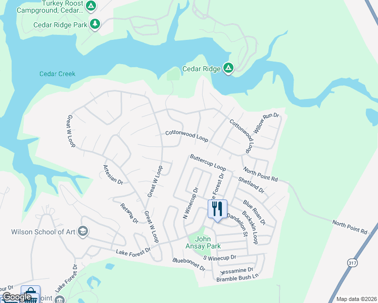 map of restaurants, bars, coffee shops, grocery stores, and more near 51 Buttercup Loop in Morgan's Point Resort