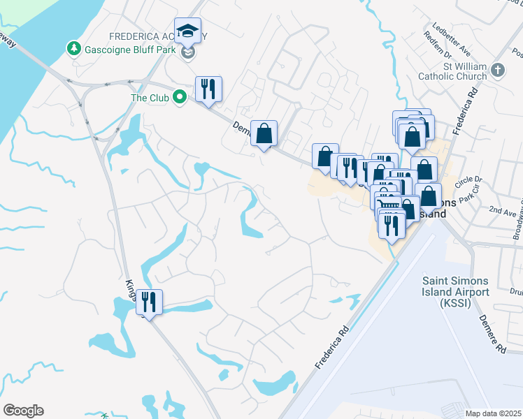 map of restaurants, bars, coffee shops, grocery stores, and more near 100 Gleneagles in St. Simons Island
