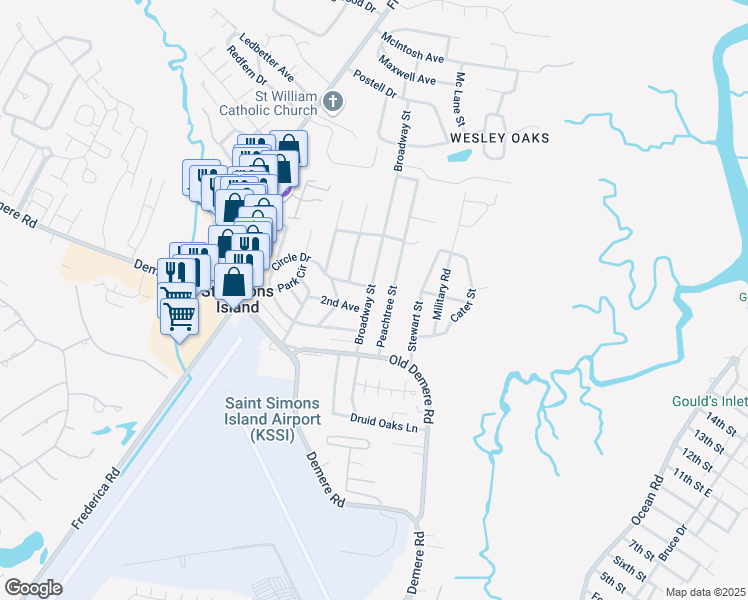 map of restaurants, bars, coffee shops, grocery stores, and more near 215 Peachtree Street in St. Simons Island