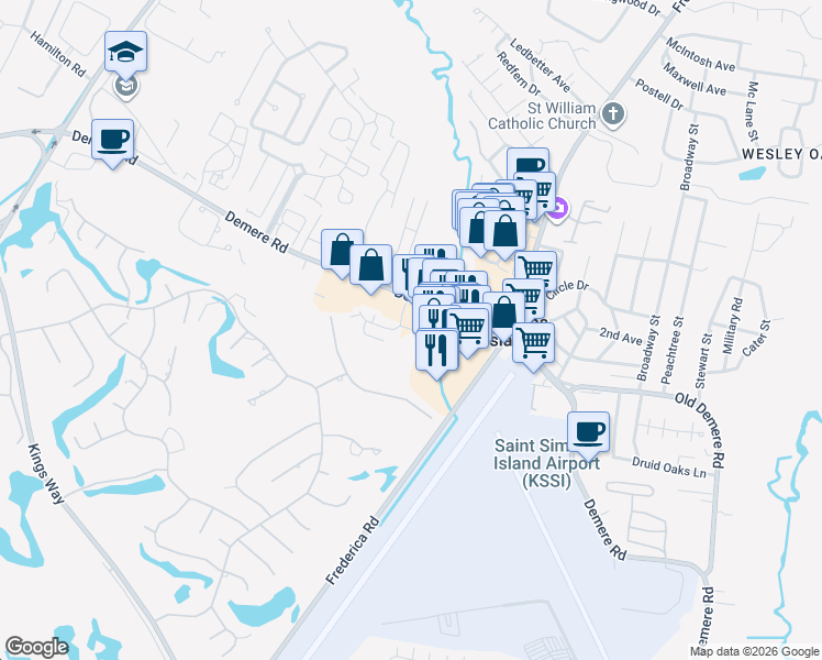 map of restaurants, bars, coffee shops, grocery stores, and more near 2501 Old Demere Road in St. Simons Island