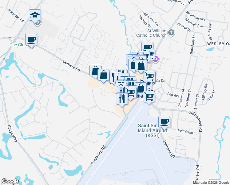 map of restaurants, bars, coffee shops, grocery stores, and more near 2501 Old Demere Road in St. Simons Island