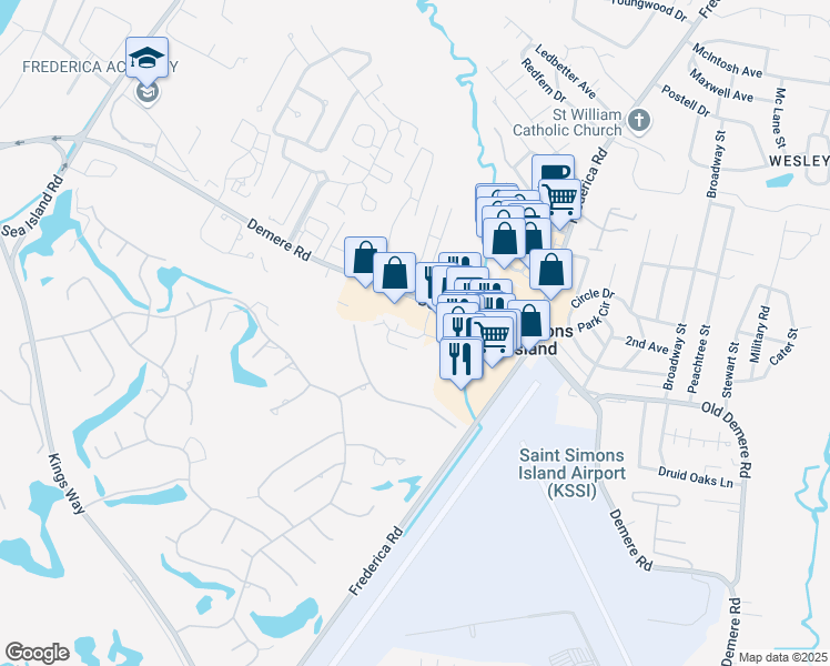 map of restaurants, bars, coffee shops, grocery stores, and more near 2501 Old Demere Road in St. Simons Island