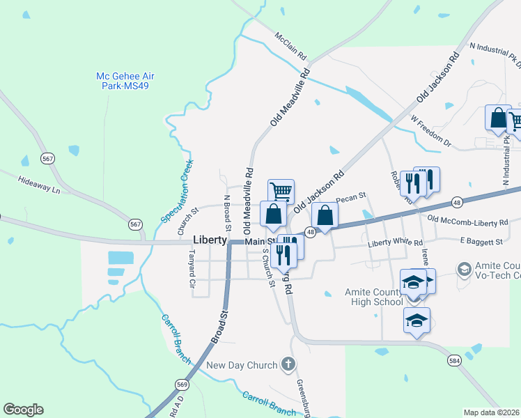 map of restaurants, bars, coffee shops, grocery stores, and more near 207 Old Jackson Road in Liberty