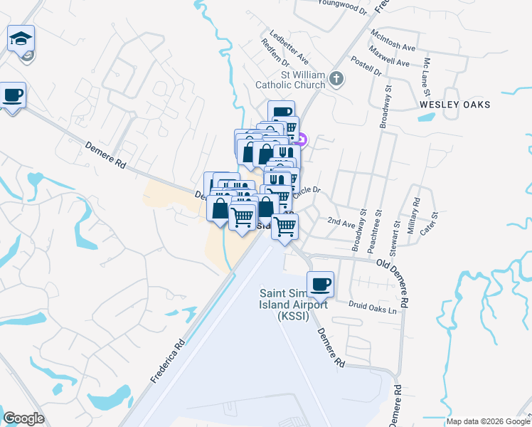 map of restaurants, bars, coffee shops, grocery stores, and more near in St. Simons Island