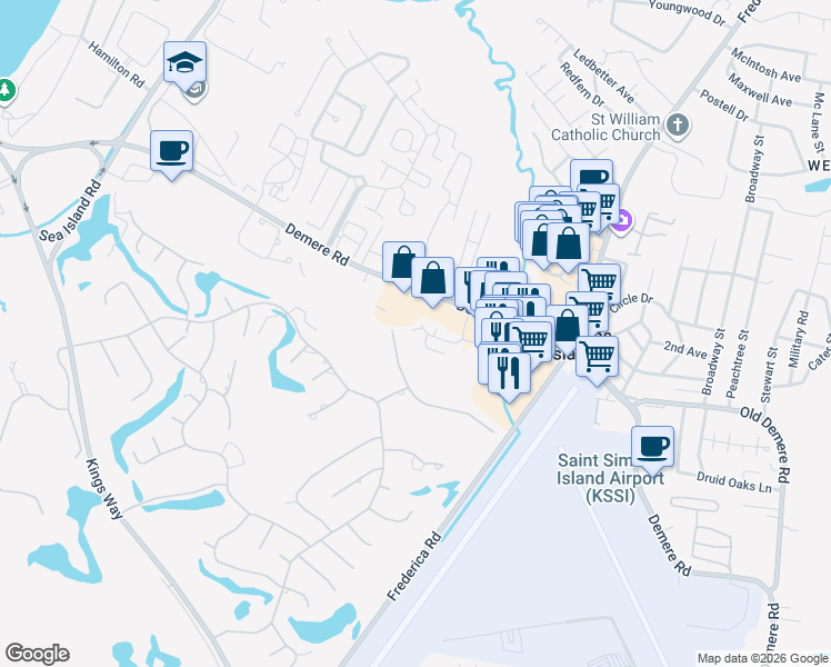 map of restaurants, bars, coffee shops, grocery stores, and more near 2511 Demere Road in St. Simons Island