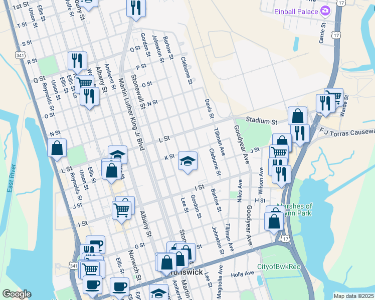 map of restaurants, bars, coffee shops, grocery stores, and more near 1811 K Street in Brunswick